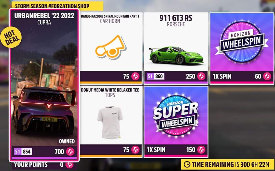 ForzaHorizon5UK's tweet photo. #Forzathon Shop
Series 22 - Storm Season
'22 CUPRA Urbanrebel - 700fp
Porsche 911 GT3 RS - 250fp
Banjo-Kazooie Spiral Mountain Part 1 (Car Horn)
Donut Media White Relaxed Tee (Tops)
#H5FB #Forza #Horizon #FH5 #StormSeason #Series22 #UpgradeHeroes https://t.co/55kNSYfbO7