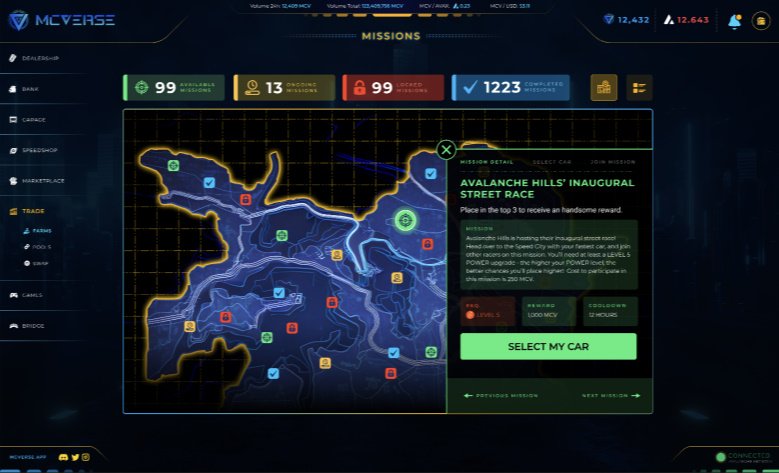 TheMCVerse's tweet photo. Little sneak peek of what the UI is currently looking for our upcoming missions page! Lots of building going on behind the scenes as always. 
#AVAX #GamingNews #racing https://t.co/2v1KABaUoO