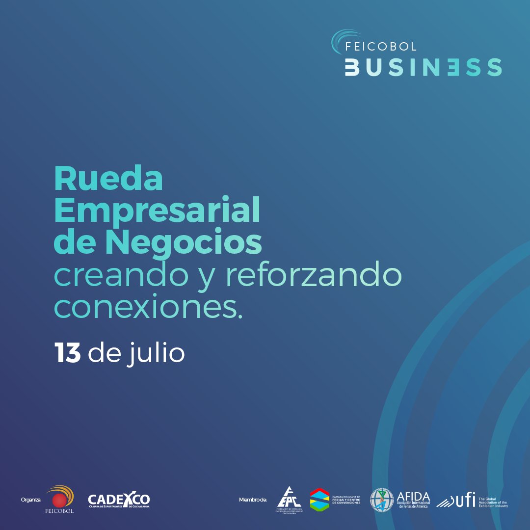 ¿Buscas nuevas oportunidades comerciales?
Feicobol Business, el lugar perfecto para encontrarlas. Únete a nosotros del 10 al 14 de julio y descubre un mundo de posibilidades para tu empresa. Desde encuentros empresariales hasta nuestra esperada rueda de negocios ¡Te esperamos!😉