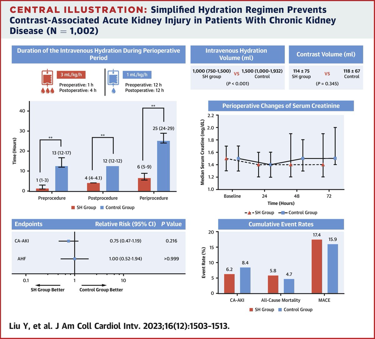 In chronic kidney disease patients undergoing coronary angiography, simplified hydration is noninferior to standard hydration in preventing CA-AKI, with a shorter hydration duration. Read the Journal Scan from this #JACCINT paper for more: bit.ly/3CNjmBo 
#CardioTwitter