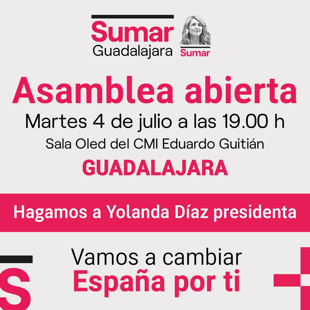 Este martes 4 de julio nos vemos en nuestra primera asamblea abierta. Queremos trabajar por un nuevo país y por una #Guadalajara que  escuche, crezca y avance.  Nos jugamos mucho este #23J y salimos a ganar. ¡Contamos contigo!