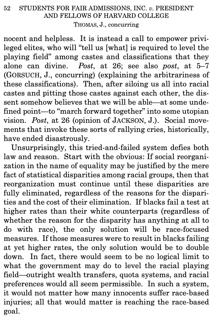 Justice Clarence Thomas blasts Justice Ketanji Brown Jackson's arguments in his concurrence:

KBJ "locks blacks into a seemingly perpetual inferior caste. Such a view is irrational; it is an insult to individual achievement and cancerous to young minds seeking to push through