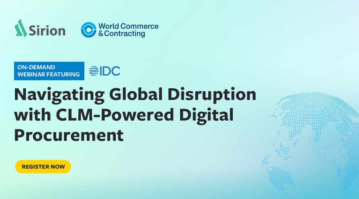 cats_cm: RT @SirionCLM: Missed our webinar on #DigitalProcurement with #CLM? It's now on-demand📺

Join experts from @IDC, @World_CC & Sirion for tips on navigating global disruption with the power of #AI in #ContractManagement.

Tune in now! 🎧 …