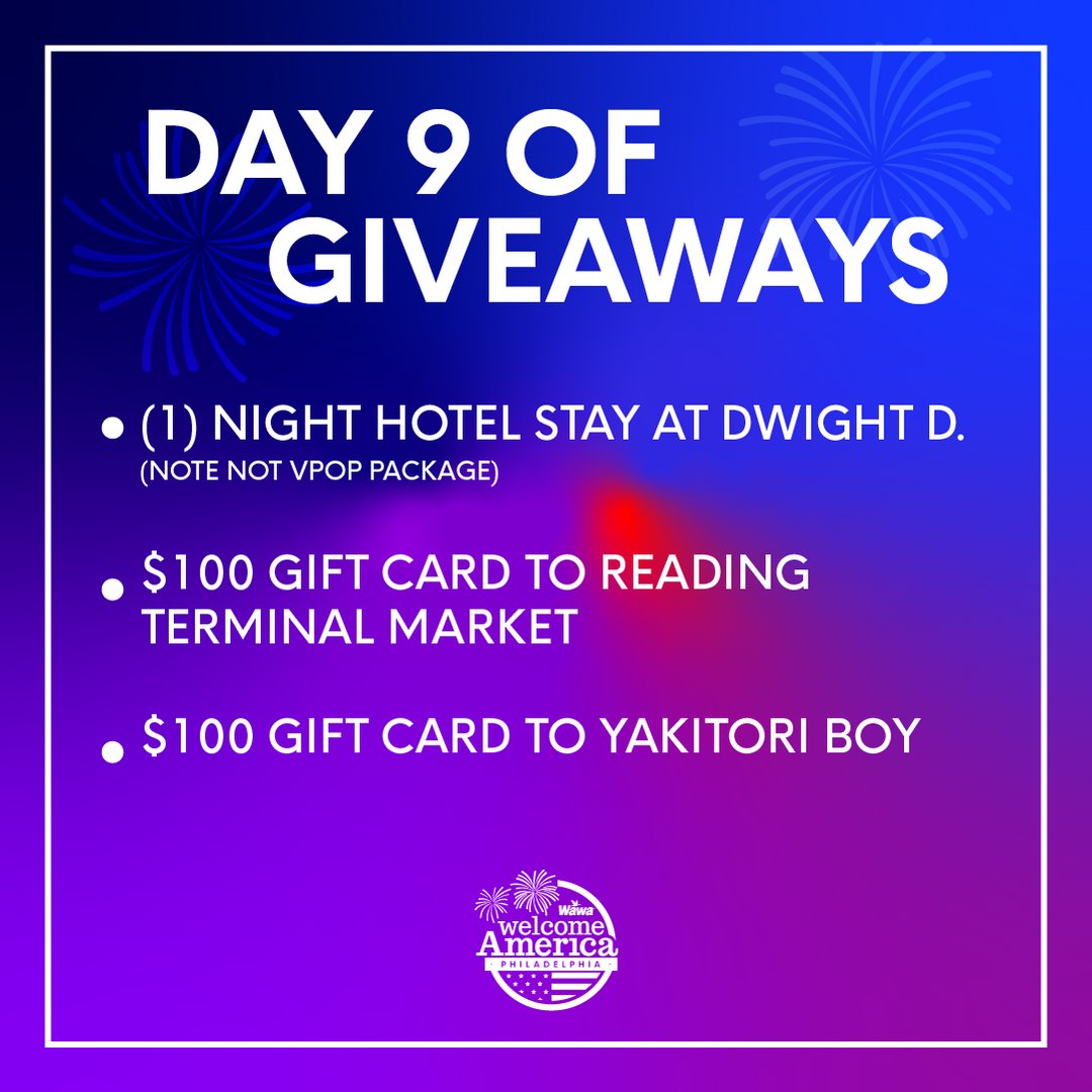 July4thPhilly's tweet photo. Day 9 is lookin' fine! This week's 10 Days of Giveaways winner will enjoy good eats at @RdgTerminalMkt and @YakitoriBoy, then stay at the Dwight D. Hotel. 

Be tomorrow's winner by sharing, following, and signing for our email list: https://t.co/Ypfn0zMsRq (📸: @visitphilly) https://t.co/kjBgmkVdHz