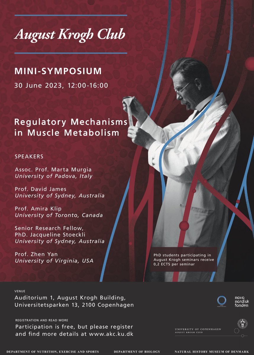 Carlos Henríquez-Olguin (@musclebiology) on Twitter photo 'Regulatory Mechanisms in #MuscleMetabolism' mini-symposium organized b #AugustKroghClub. The meeting boasts an impressive lineup of five international speakers, including <a href="/davidjamesoz/">david james</a>, <a href="/martamurgia/">Marta Murgia</a>, and <a href="/ZhenYanLab/">Zhen Yan</a>.
#MuscleCPH2023
akc.ku.dk/calendar/2023/… 'Regulatory Mechanisms in #MuscleMetabolism' mini-symposium organized b #AugustKroghClub. The meeting boasts an impressive lineup of five international speakers, including <a href="/davidjamesoz/">david james</a>, <a href="/martamurgia/">Marta Murgia</a>, and <a href="/ZhenYanLab/">Zhen Yan</a>.
#MuscleCPH2023
akc.ku.dk/calendar/2023/…