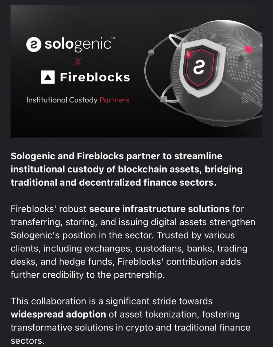 Skillz_45's tweet photo. Sologenic Partners with @FireblocksHQ For Institutional Custody LFG!! #GoSolo #SoloNexBrokerageSolution #CustomBuiltToolCBDC #AssetTokenizationPlatform #SOLONATION 🙌 https://t.co/ymUKyEf0St