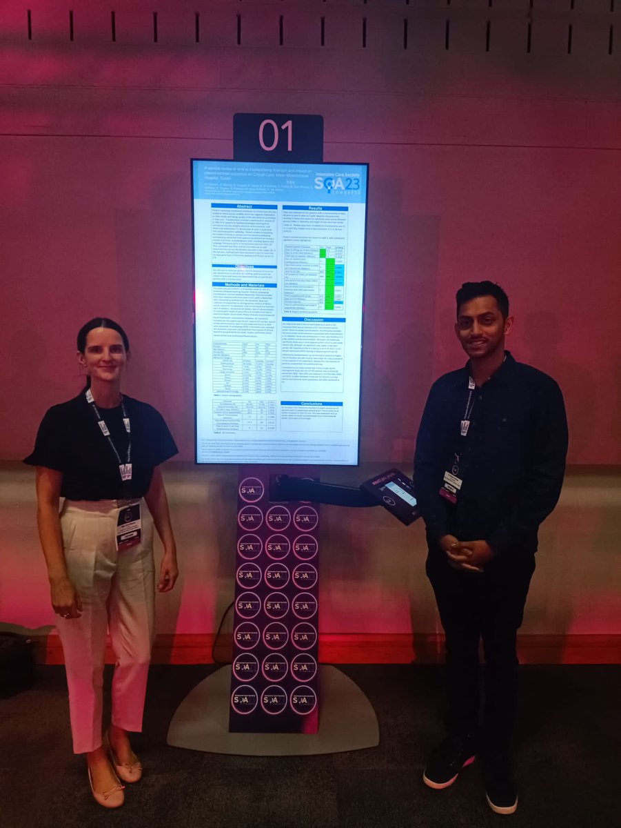 MaterSLT's tweet photo. Well done to @AMurf88 representing @MaterTrauma @Mater_ICU @MaterHSCPs at @ICS_updates #SOA23. Presenting the findings from a collaborative study completed with intensive care medicine colleagues. Results show the positive patient outcomes achieved after staffing uplift 👏👏 https://t.co/aY0JbaXFJf
