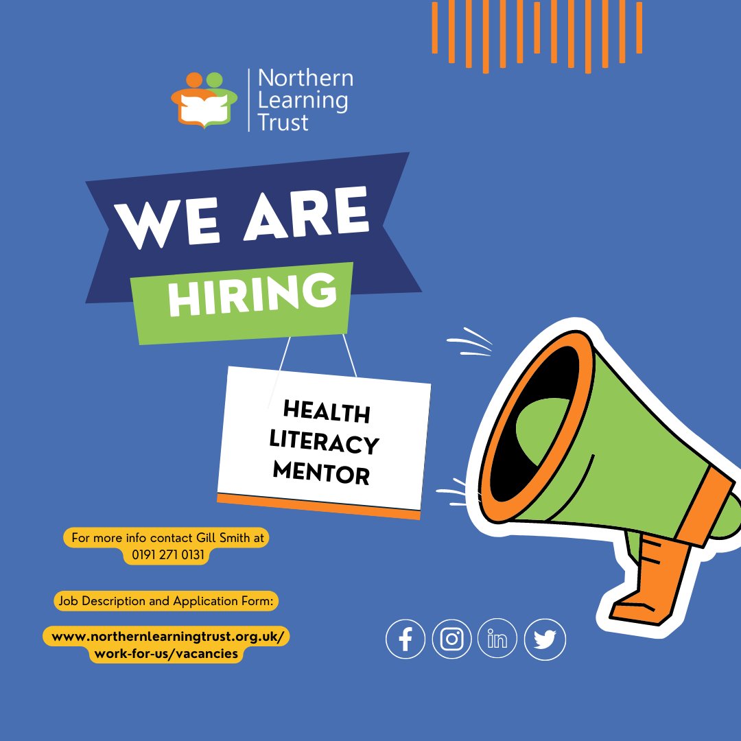 We're looking for a Community Learning Tutor - Northumberland and Health Literacy Mentor - Northumberland.
If you'd like to become a part of our fantastic team, download the Job Description and Application Form from our website: northernlearningtrust.org.uk
#jobopportunity