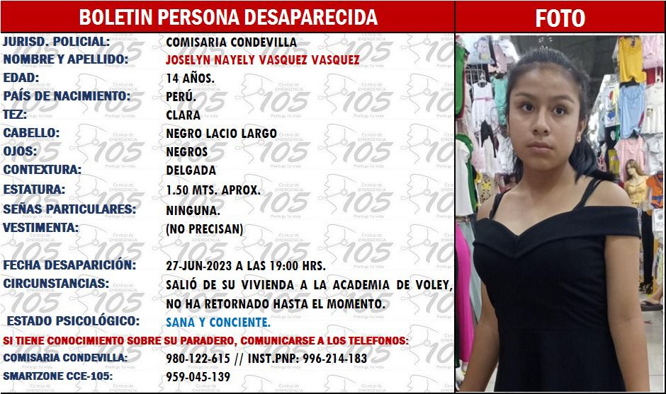 Latina_Noticias's tweet photo. 🚨 #LatinaTeBusca | Nayely Vásquez Vásquez, de 14 años, ha desaparecido el último 27 de junio. Ella salió de su domicilio en San Martín de Porres con rumbo a su academia de vóley. Tiene el cabello largo y lacio, y mide 1.60 mts. Cualquier información que permita ubicar a esta menor desaparecida puede comunicarse a la LÍNEA 114.