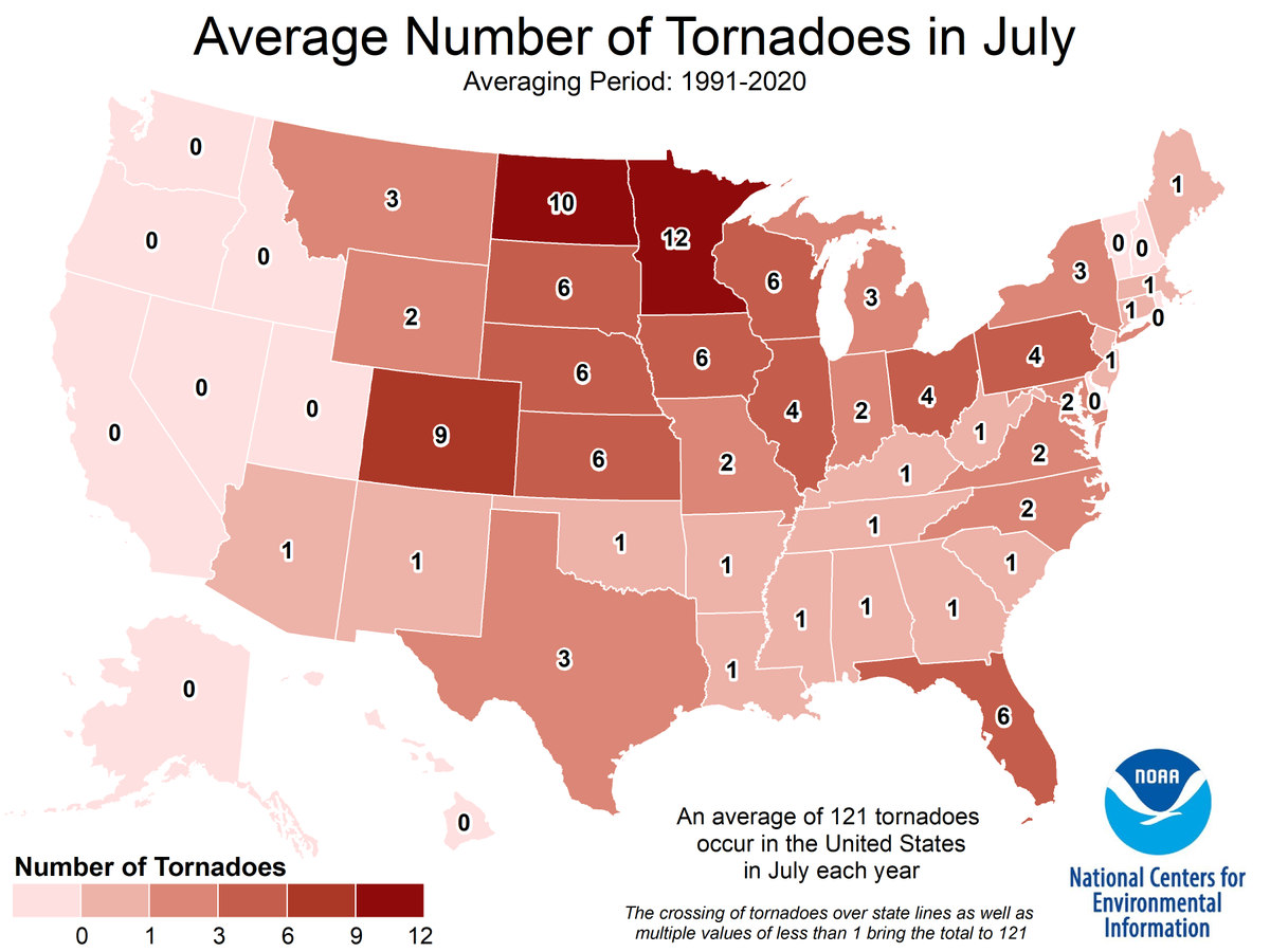 NOAANCEI's tweet photo. July is typically the fourth most active month for tornadoes. But tornadoes don’t need to impede upon your use of sparklers and firecrackers. 🧨 See the average number of tornadoes in your state for July in our updated map: https://t.co/eV2Nd6NEOY #ClimateNormals https://t.co/ayPOom7sIl