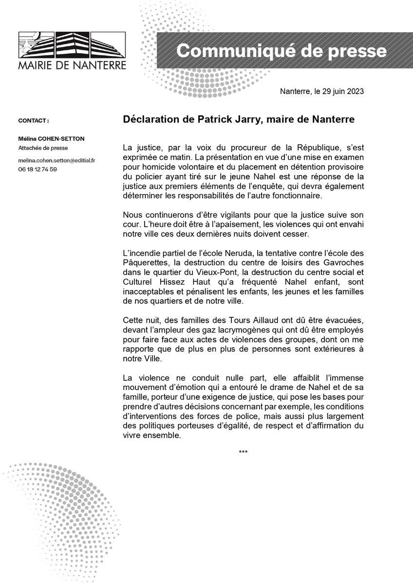 #CommuniquédePresse
Nouvelle déclaration de Patrick Jarry, maire de Nanterre. ⬇️