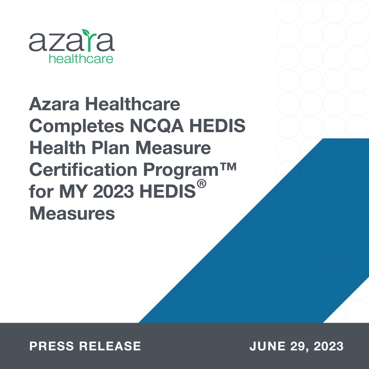 azaraDRVS's tweet photo. Azara Healthcare announced today that it has received certification from the NCQA for HEDIS® MY 2023 Health Plan and Allowable Adjustments Measures. Read press release: https://t.co/UtO9EocOzE https://t.co/pPEiqyZWHa