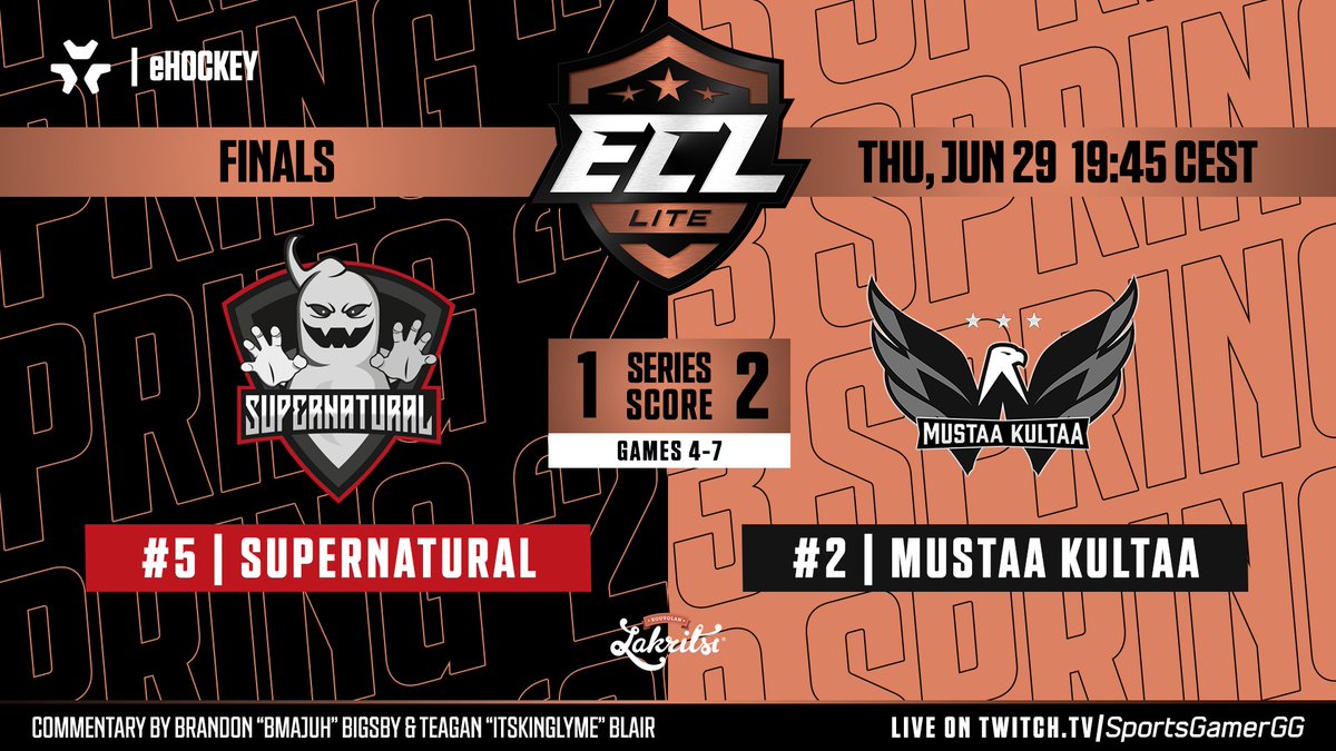 SportsGamerGG's tweet photo. Action in the the #ECL23Spring Lite Finals resumes tonight!
🕗 19:45 CEST
📺 https://t.co/fwROquLycB
🎙️@bMaJuH & @ItsKingLyme
#5 @SupernaturalNhl vs @MustaaKultaaNHL #2
#NHL23 #esports #eHockey #kouvolanlakritsi https://t.co/qfq5ZaWCiT