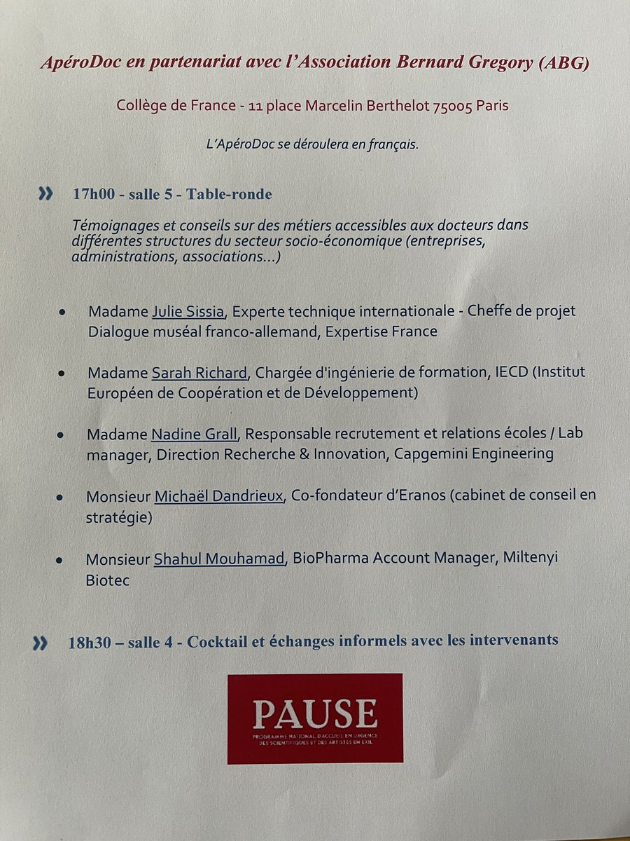 Le @Programme_PAUSE et <a href="/ABG_Asso/">ABG</a> ont le plaisir d'animer au <a href="/cdf1530/">Collège de France</a> un #apérodoc dédié à l'ensemble des lauréats du programme. Au menu, des #témoignages et #conseils de #recruteurs et de #PhDs en poste dans des #entreprises #assos et #institutions…