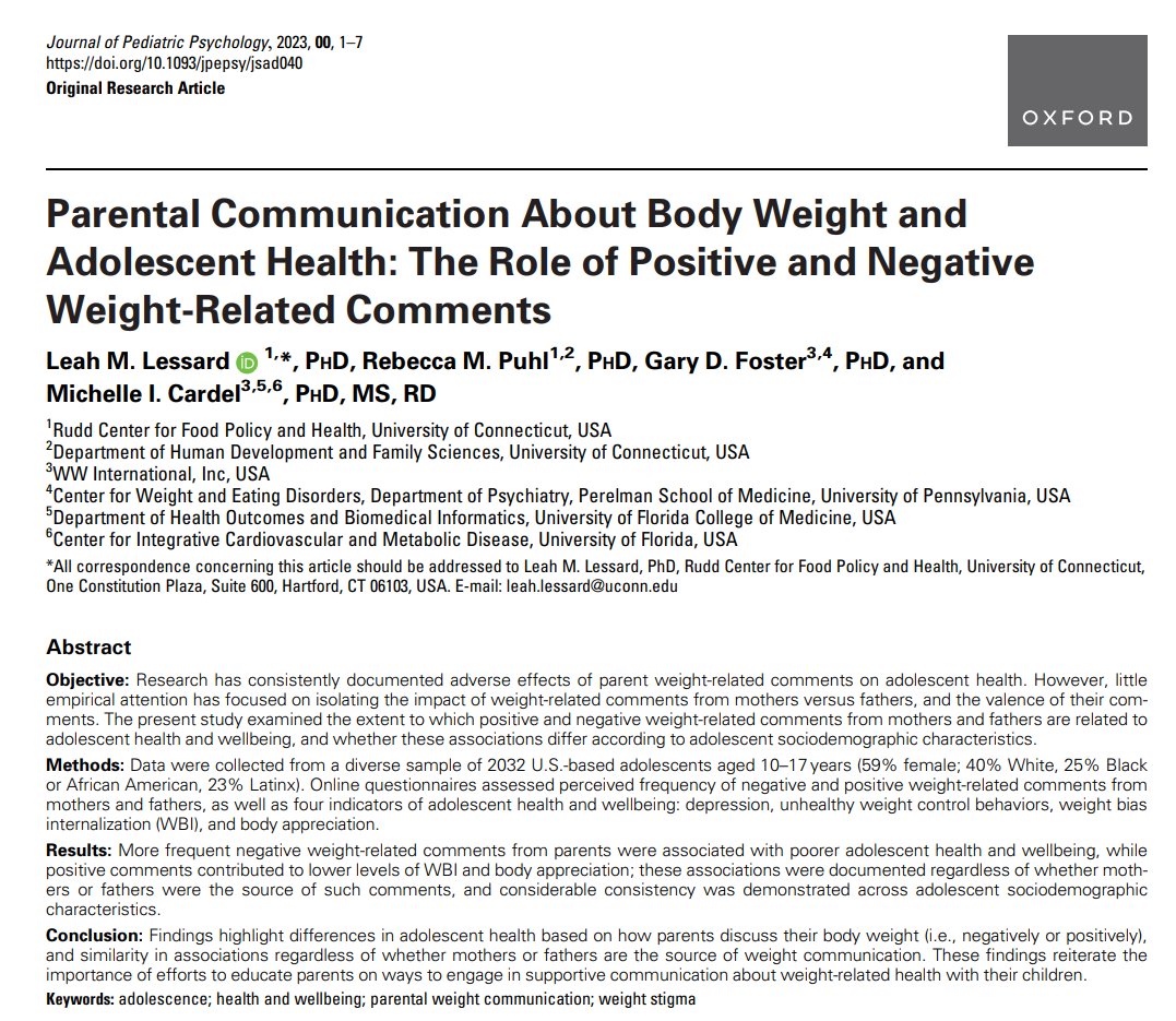 Michelle Cardel, PhD, MS, RD (@michellecardel) on Twitter photo Our new paper, led by <a href="/LessardLeah/">Dr. Leah Lessard</a>, is out discussing the role of positive and negative weight-related comments in parental communication about body weight with a very diverse group of youth.
Findings:
-More frequent negative weight-related comments from parents were associated Our new paper, led by <a href="/LessardLeah/">Dr. Leah Lessard</a>, is out discussing the role of positive and negative weight-related comments in parental communication about body weight with a very diverse group of youth.
Findings:
-More frequent negative weight-related comments from parents were associated