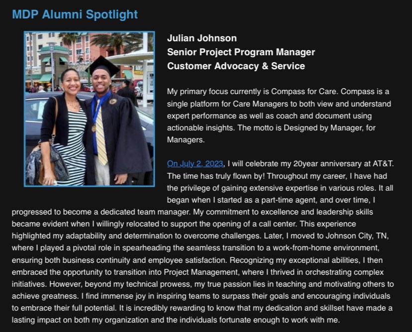 JulianJ18455228's tweet image. Thank You MDP for featuring me in the recent newsletter!! I’m extremely thrilled and honored to have been granted this opportunity!! #MDPalumni #lifeatAtt @KSSchub @Dan_Houle_ @cberry08 @annmarieromano