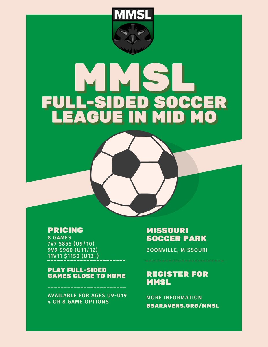 Play full-sided soccer close to home this fall! Register your team now: bsaravens.org/mmsl/