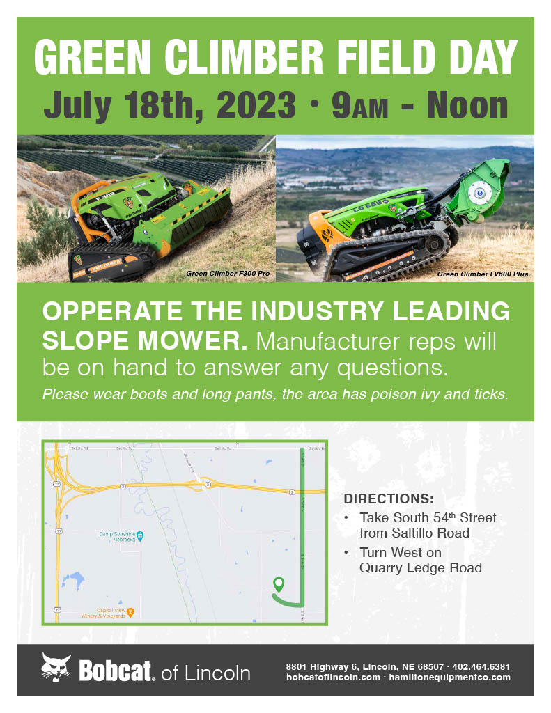 GreenClimberNA's tweet image. GCNA&apos;s newest dealership, Bobcat of Lincoln, will host a Green Climber Field Day to prepare Nebraska for the next level of vegetation management. Watch Green Climber equipment is remotely operated on 60 degree slopes, leveling trees and dense brush in its wake.

#publicdemo