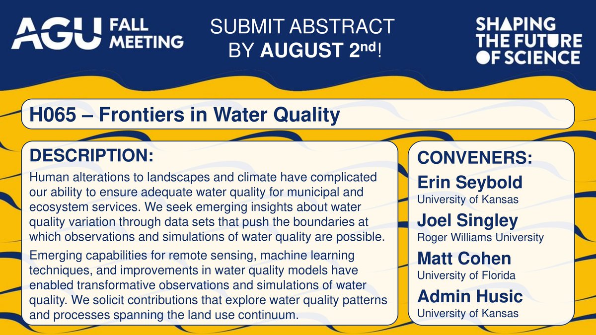 Submit to our long-running #AGU23 Frontiers in Water Quality session! We invite work on machine learning, aquatic sensing + more. Share your transformative approaches to WQ research! Abstracts by Aug 2nd - hope to see you in San Francisco. @theAGU @Hydrology_AGU @AGU_WQ @AGU_H3S