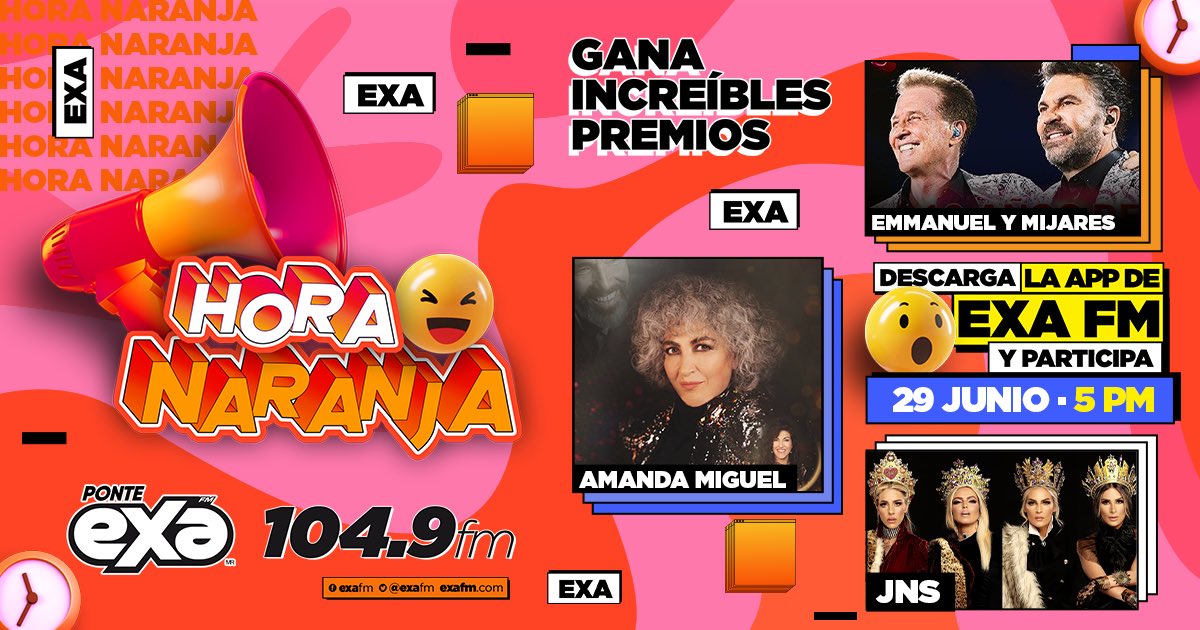 ¡Gana increíbles premios en La Hora Naranja ⏰🧡! Este jueves 29 de junio a las 5:00 pm podrás conseguir pases para #EmmanuelYMijares, #AmandaMiguel y #JNS 🥳✨ Nos vemos con <a href="/oppakimpop/">Oppa Kim</a> 🫰 ¡No olvides descargar la app de #ExaFM 📻📲!