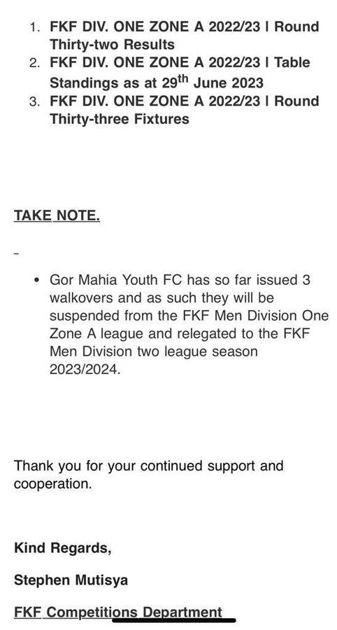 pepeta_ke's tweet photo. BREAKING
Gor Mahia Youth has been suspended from FKF Division One League and relegated to FKF Division Two League after dishing three walkovers.
#Pepeta
#FKFDivOne https://t.co/40SEppBeyH