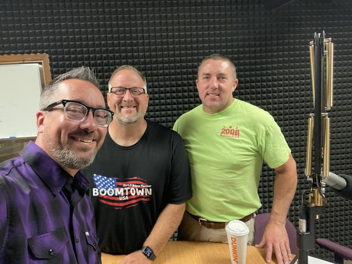 B1047's tweet photo. Big shoutout to the #PyroCrew for stopping by the #MorningBuzz this morning to talk #Boomtown! 5 days! https://t.co/4OuWNF6H2Z