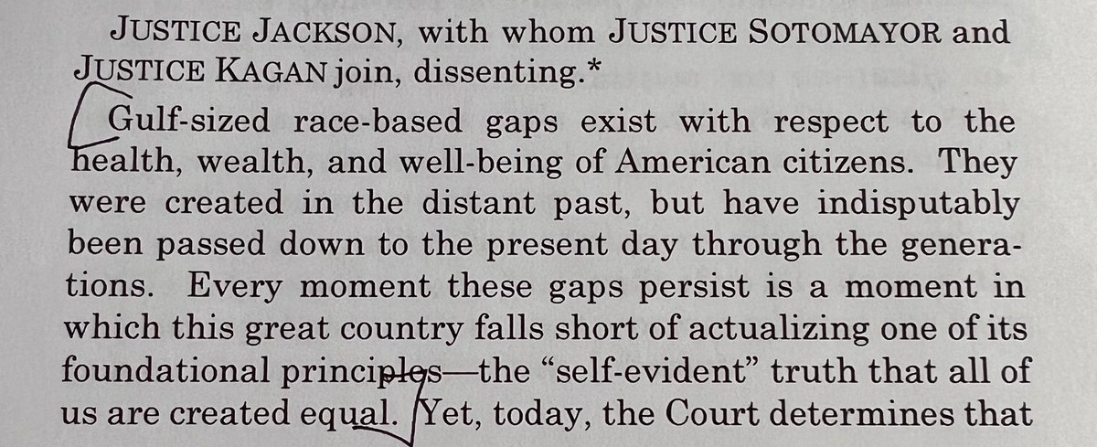 The most important part of today's SCOTUS decision, which kills affirmative action in education without actually saying it does, is Justice Jackson's dissent, which is a barn burner from its opening sentences &amp; well worth reading.