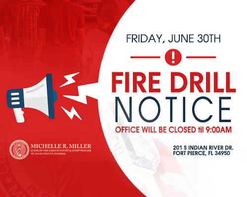 In order to conduct a routine fire safety drill, the St. Lucie Clerk’s Main Office in downtown Fort Pierce will open at 9 a.m. on Friday, June 30, 2023.

Read more: stlucieclerk.gov/media-releases…