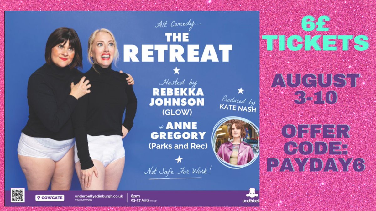 Only 6£ for The Retreat at #edfringe - named TimeOut and Edinburgh Evening News' top shows to check out. Come see what the insanity's all about. 8 pm August 3-27 at Underbelly. <a href="/retreat_comedy/">The Retreat Comedy</a> <a href="/FollowTheCow/">Underbelly Edinburgh</a> <a href="/katenash/">Kate Nash</a> <a href="/HelloRebekka/">rebekka johnson</a>

underbellyedinburgh.co.uk/events/event/t…