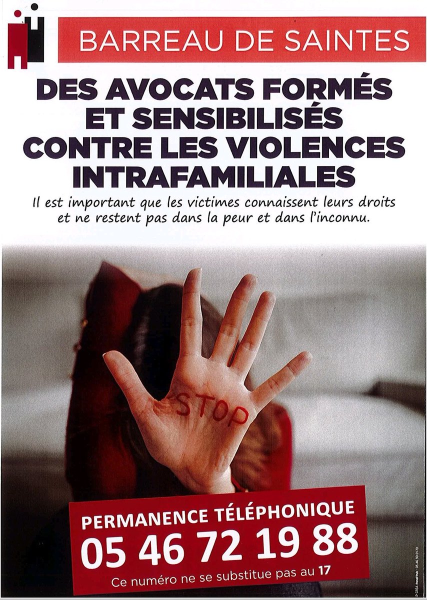 Proc_Saintes's tweet photo. Très bonne initiative de l'ordre des avocats du barreau de #Saintes @SaintesDe avec la mise en place de cette permanence d'avocats formés et sensibilisés en matière de violences intrafamiliales.
Un progrès pour l'accompagnement des victimes.
#stopviolencesconjugales https://t.co/5jdTVXD1rB
