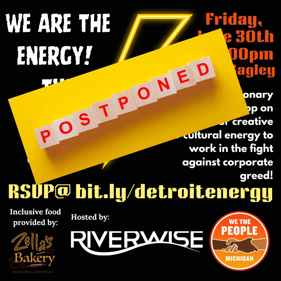 RiverwiseDet's tweet image. Unfortunately, due to the severity of the air quality in Detroit we are postponing tomorrow's event.  While we would love to see everyone, our main goal is to ensure the safety of our beloved community. Please save the new date for 8/10 at 6! RSVP @  bit.ly/detroitenergy