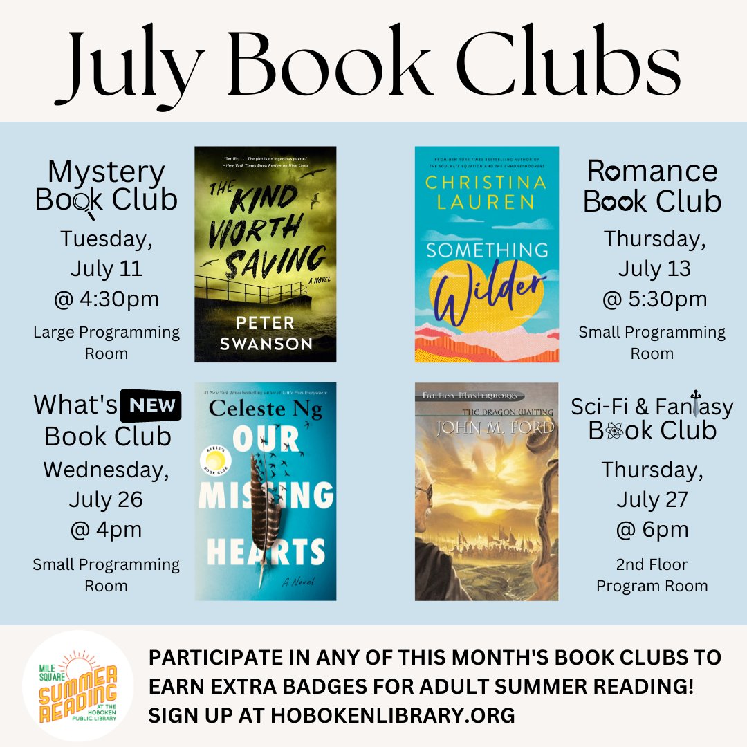 Join us this summer for an exciting lineup of Book Clubs in July! Summer is the perfect time to dive into great books, engage in lively discussions, and earn extra badges by participating in our Summer Reading program. Sign up at bit.ly/BookClubsAtHPL.