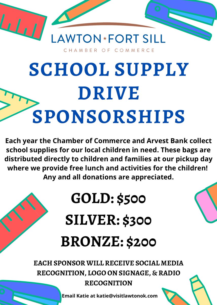 Lawton Fort Sill Chamber of Commerce is having our annual School Supply Drive. We are taking sponsorships and/or donations. If you wish to donate any of the items mentioned, we would love the support! Remember: It’s for the KIDS!!