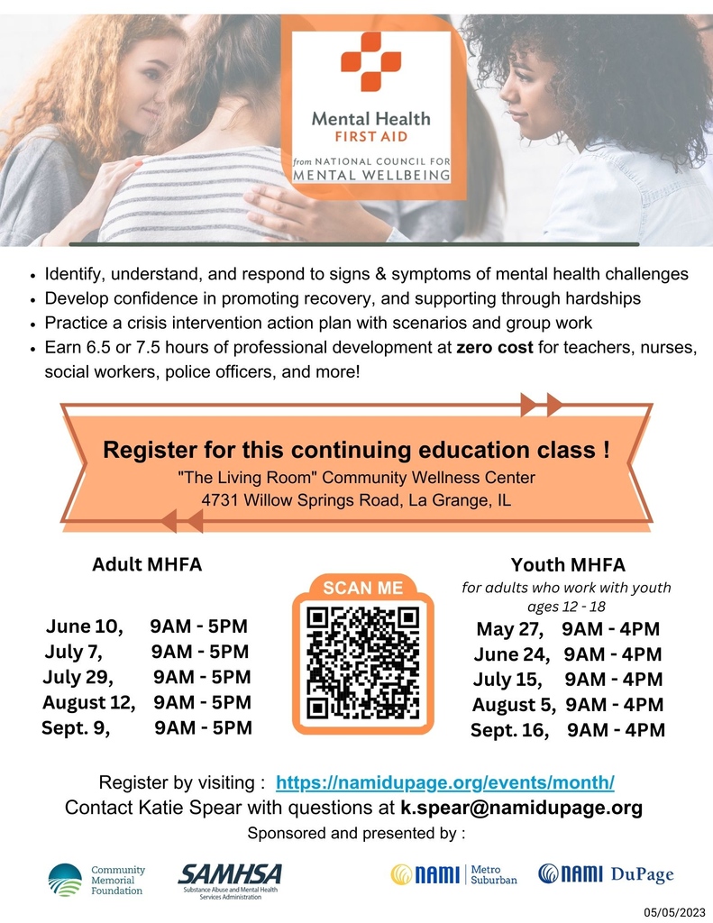 Join a  FREE Mental Health First Aid class in LaGrange. Our next class for Adult Mental Health First Aid is on July 7.  Swipe left to see all of our upcoming dates and classes.  Register at: namidupage.org/events/categor…  or scan the QR code on the flyer.