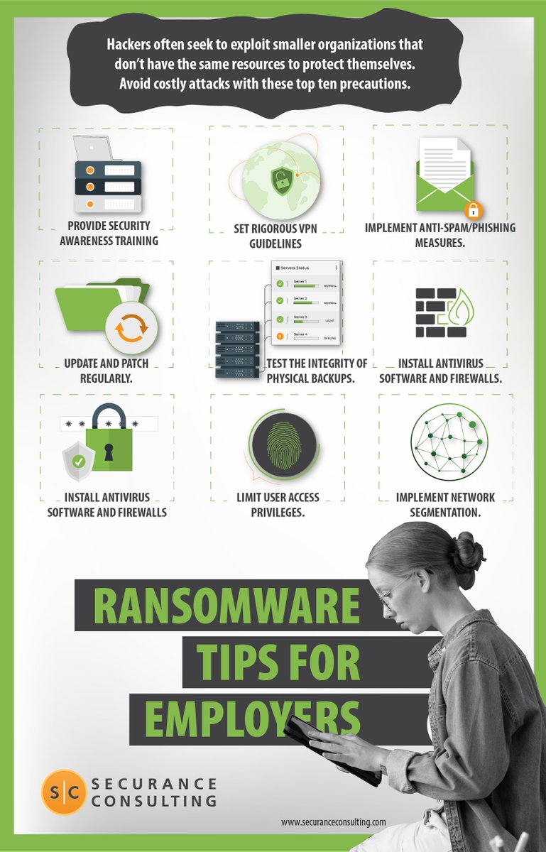 SCsecurance's tweet image. #Ransomware is here to stay, but employers can take measures to prevent an attack or limit the damage it can cause. This #infographic has some top tips.
 #ransomwareprotection