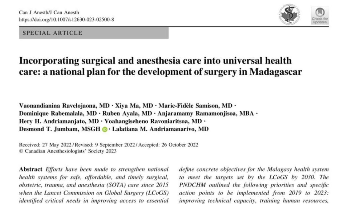 Excited to share the efforts of incredible people working tirelessly over several years on improving #SOTA care in #Madagascar! What an inspiration to have the chance to witness your endeavors and to collaborate with you all. #GlobalSurgery #NSOAP #UHC link.springer.com/article/10.100…