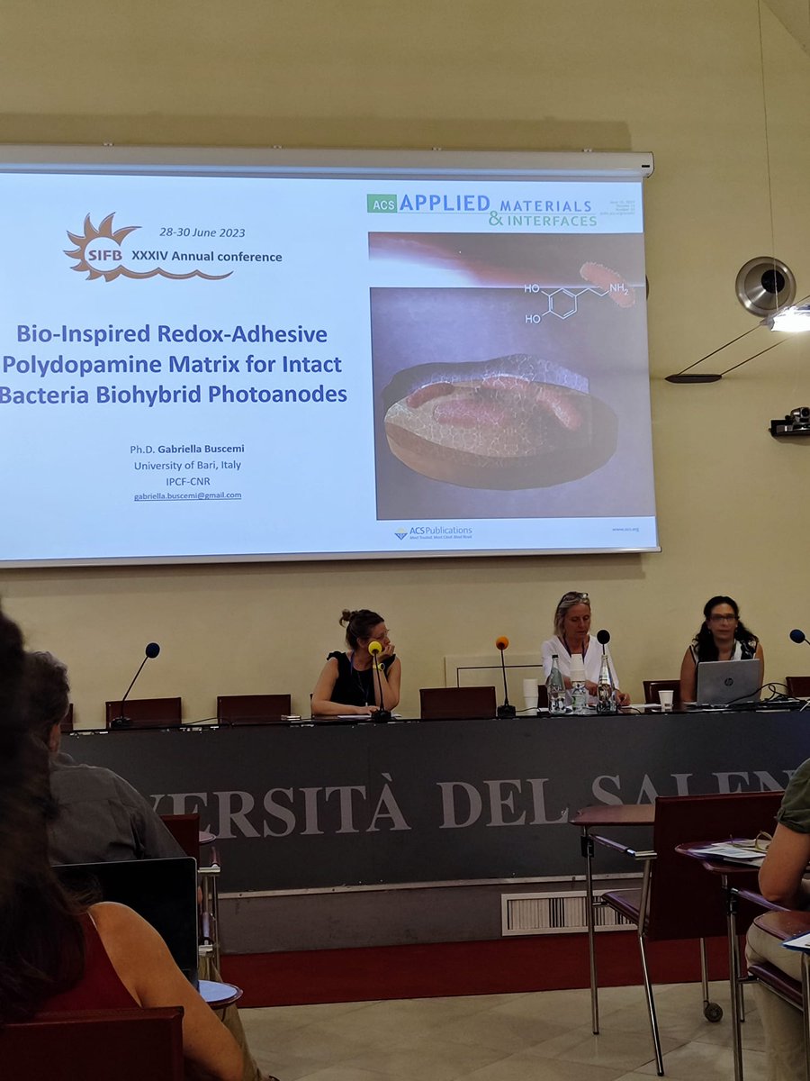 LellaBuscemi's tweet photo. I am extremely happy to have presented, as awarded young investigator, at #SIFB2023 our work on #biohybrid #biophotoanods using electroactive bacteria coupled with bio-inspired redox adhesive #polydopamine. @maxxtrotta @GrattieriLab @pastufa @VonaDanilo https://t.co/rOVhoM34oS