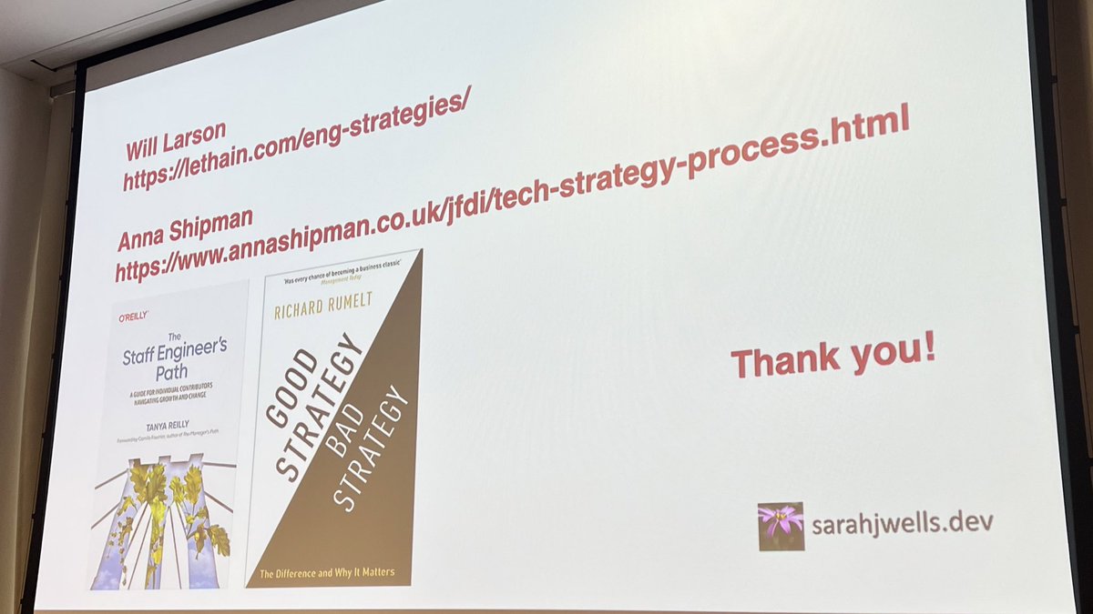@sarahjwells “You need strategy because it helps you make decisions. It isn’t done when you’ve written it! There is value in alignment AND in surfacing conflict.” Recommends @whereistanya & @Lethain & @annashipman’s writing @sarahjwells #LeadingEngLondon