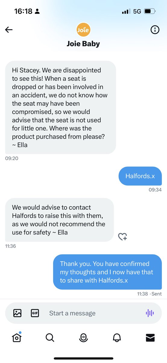 StaceyKav1's tweet photo. Well done @Halfords_uk .
I'm absolutely furious. @Joie_Baby have confirmed the seat isn't safe to be used after your incompetent delivery driver saw fit to throw it over a 6ft high gate. Online chat absolutely no help at all I request an immediate replacement. https://t.co/SVWNIwuiSW