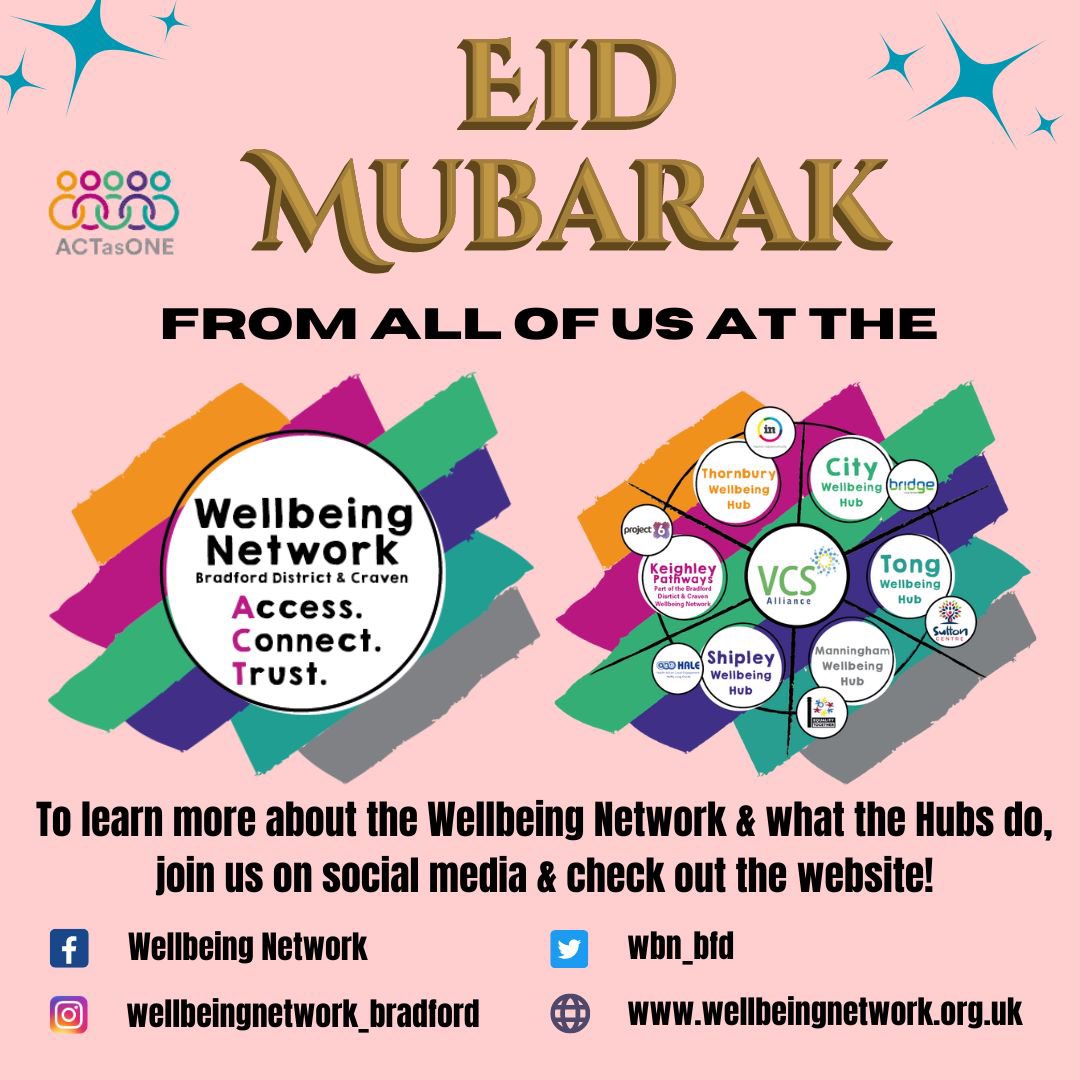 Eid Mubarak from all of us at the Wellbeing Network!
 
To learn more about the Wellbeing Network and what our Hubs do, please check out our website:
wellbeingnetwork.org.uk

#wbn #vcsalliance #actasone #Eid #Eid2023