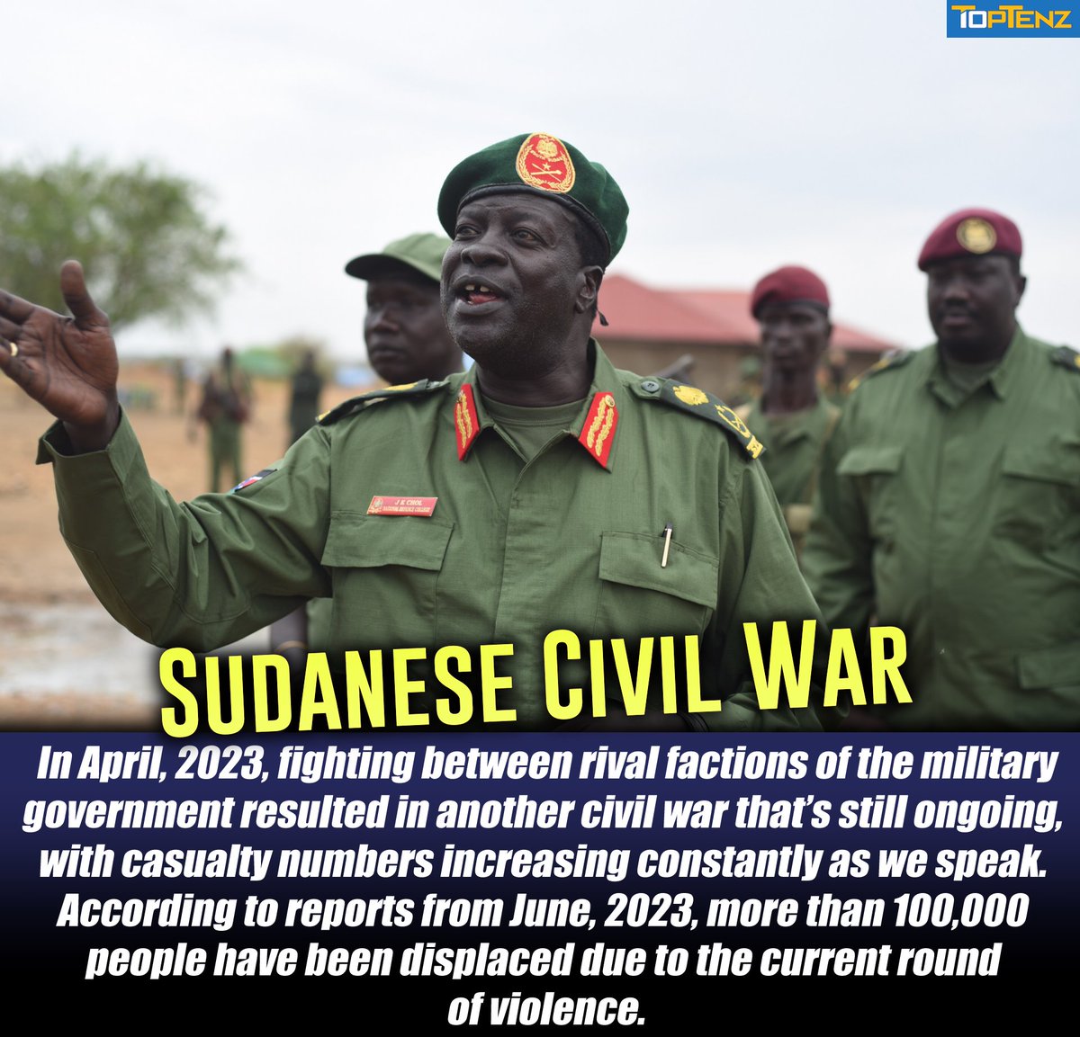 The first Sudanese Civil War began in 1955, a few months before its independence from British colonial rule. The second in 2003. And now... #thursdaymorning #thursdayvibes 

toptenz.net/10-active-rebe…