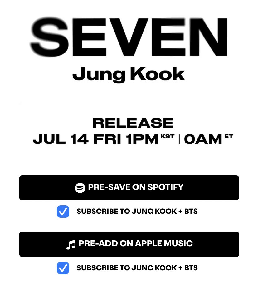 INFO💡

Ya se puede guardar el sencillo #Seven de #JUNGKOOK en Apple Music y Spotify

📎presave.umusic.com/jung-kook-seve

#BTS #BTSARMY #JUNGKOOK 
#Jungkook_Seven
©BtsChartDailys 

MawiMin🌈