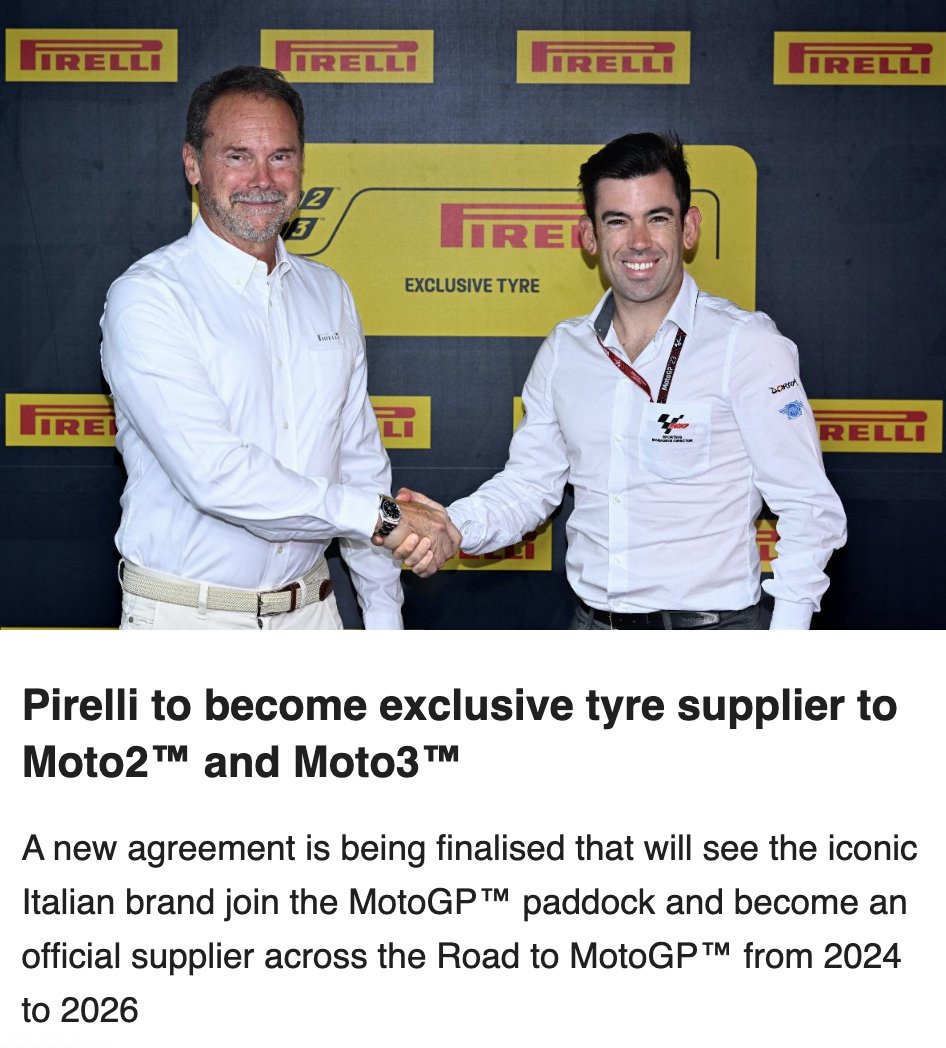 Big news in the world of Moto2 & Moto3 🚨

Pirelli will be the exclusive tyre supplier in both classes from 2024 to 2026.

#MotoGP