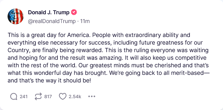 'This is a great day for WHITE America. This is the ruling that WHITE PEOPLE were waiting and hoping for. Our greatest WHITE minds must be cherished...We're going back TO THE 1950s--and that's the way it should be!'
Dump's ACTUAL thoughts when writing this...👆
#TrumpIsACriminal