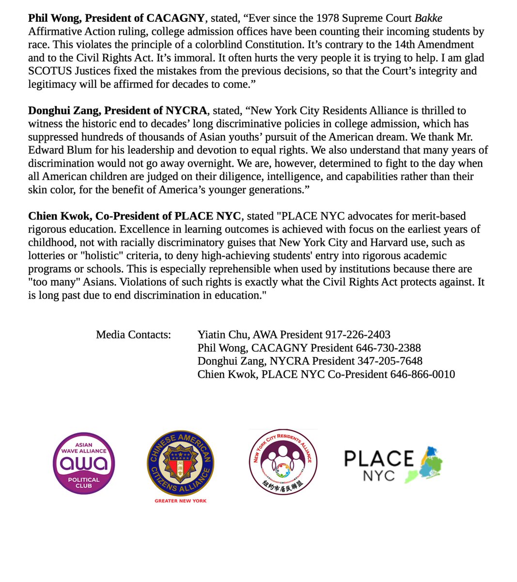 CACAGNY's statement on today's SFFA v Harvard Ruling: