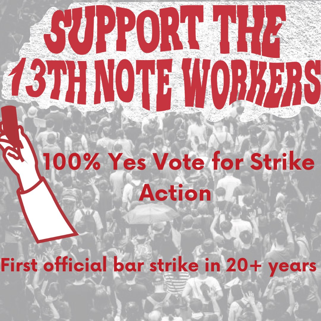 FairHospitality's tweet photo. 🚨Strike Alert🚨

Our members at @13thnotecafe have voted overwhelmingly for strike action:

✅ 100% yes vote on a majority turnout

We would urge the employer to negotiate seriously on pay, conditions &amp; recognition to prevent the first official strike of bar workers in 20+ years https://t.co/ykcxM6F4F8