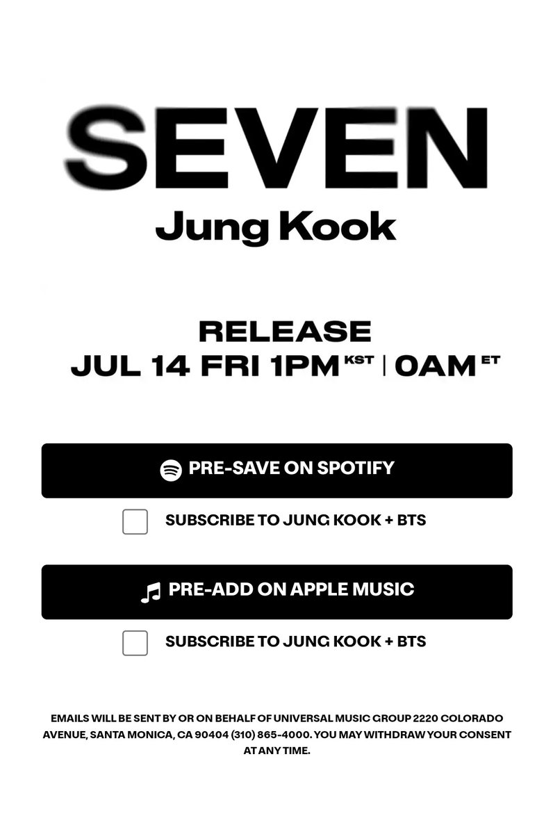 USBTSARMY's tweet photo. 'Seven' is now available for pre-order! You can also pre-save it on Spotify &amp; Apple! 

Pre-order: https://t.co/GNDfNmkZj2 
Pre-save: https://t.co/pYzQTxmfK7 
#SevenisComing #Jungkook https://t.co/bs5l5RUm04