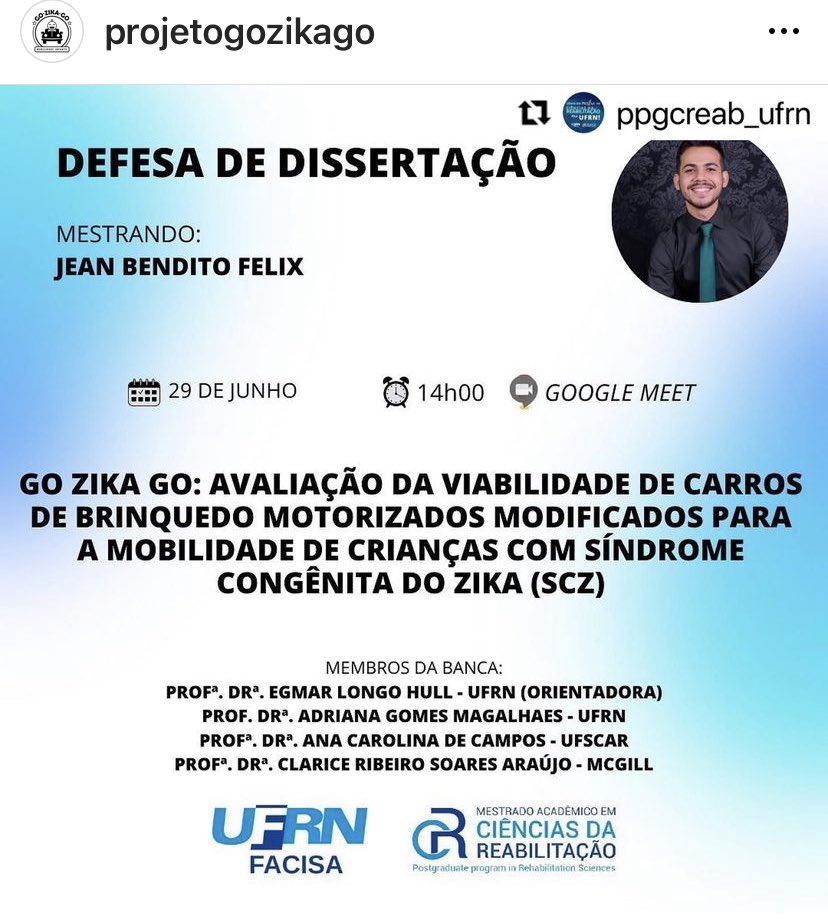 LongoEgmar's tweet photo. Today we will present the results of the #gozikago study. Muy buena oportunidad para conocer el impacto de la #poweredmobility en niños con severa discapacidad @ufrnbr @PropesqUFRN https://t.co/NsKE5yuS26