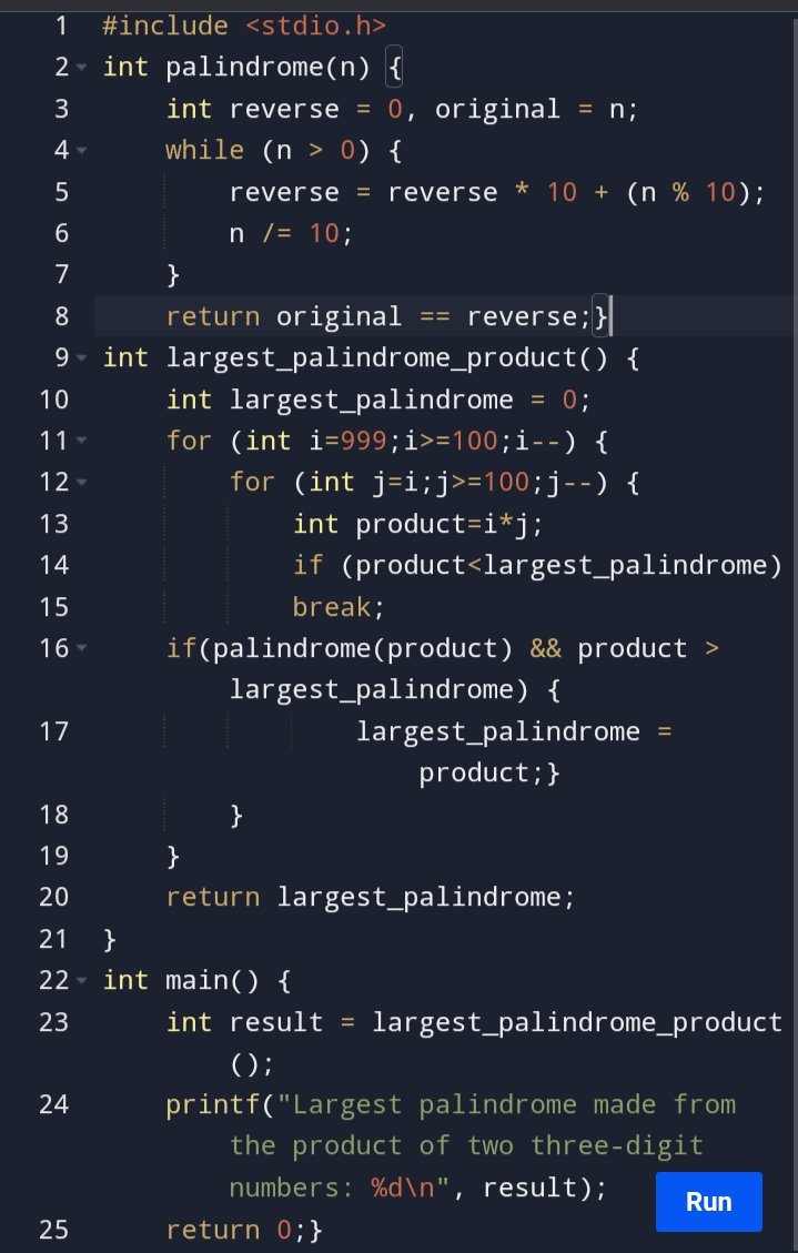 ArunmathavanK's tweet image. Find the largest palindrome from 2 three digit no&apos;s in c
#euler
#360daysofcode