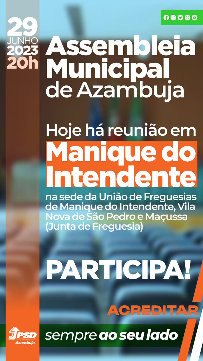 Assembleia Municipal de Azambuja, às 20h na sede da União de Freguesias.

Participa!

#sempreaoseulado #aoseulado #ppdpsd #azambuja